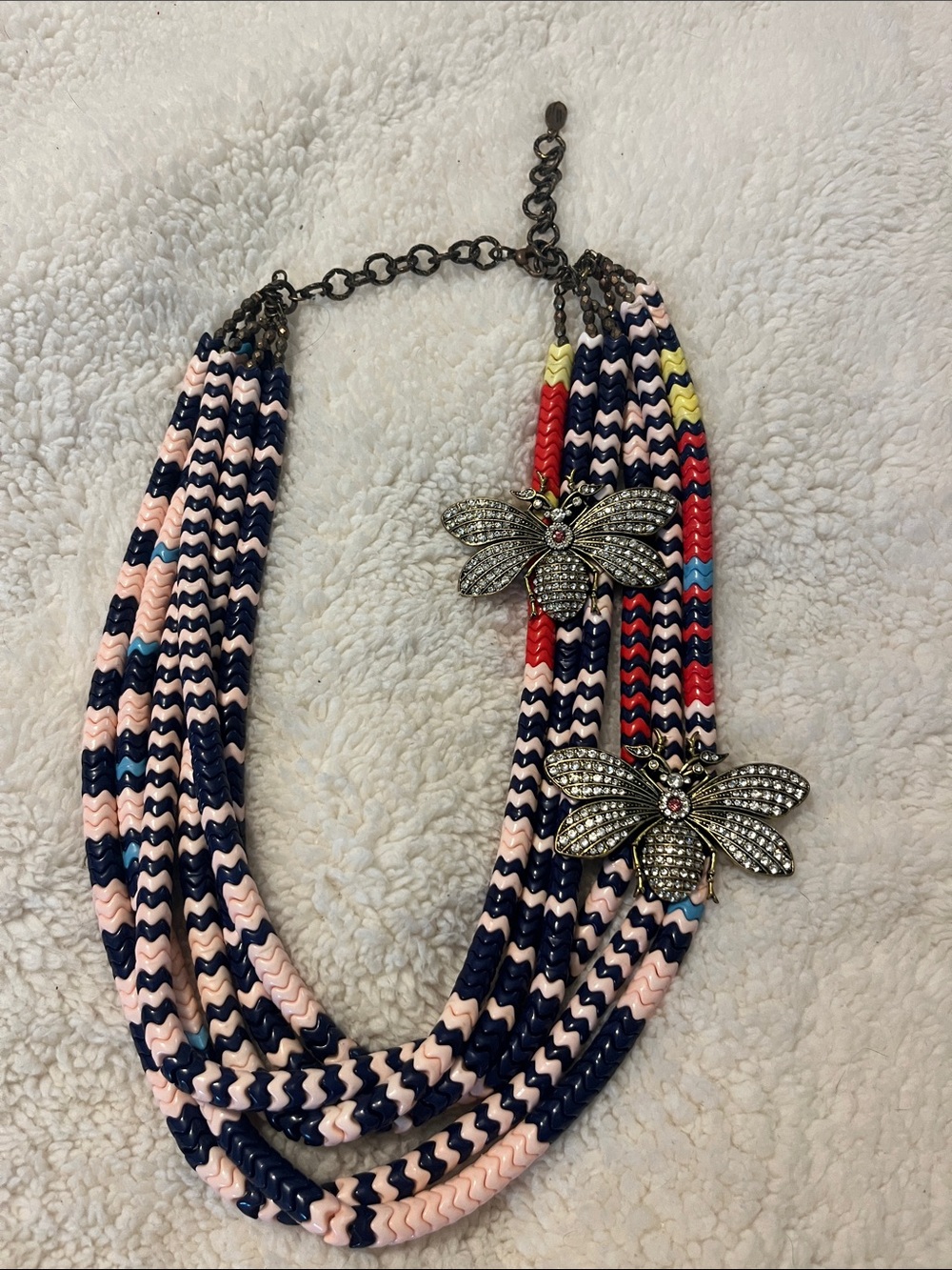 Multi-Strand Navy & Pink Beaded Necklace with Crystal Dragonfly Accents